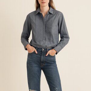 J.Crew Long Line Shirt Size XS Blue Chambray Pleated Front 100% Cotton